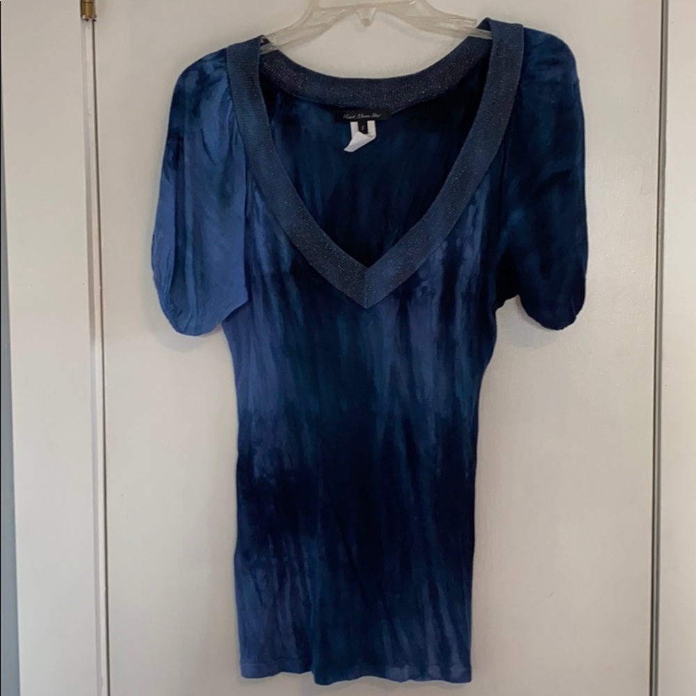 Heart Moon Star Beautiful Blue Tie Dye V Neck Top